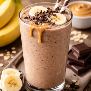 Smoothie cu banana, lapte, ciocolata neagra, unt de arahide